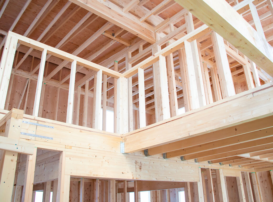 ツーバイフォー工法の木造住宅の骨組み